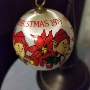 Vintage 1979 Merry Christmas Poinsettia Elf Satin Ball Ornament, Christmas